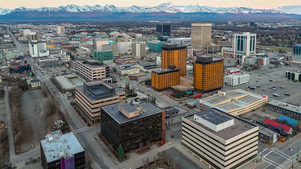 The skyline of downtown Anchorage, Alaska. Home to 291,247 residents, it's the largest city in Alaska and contains nearly 40 percent of the