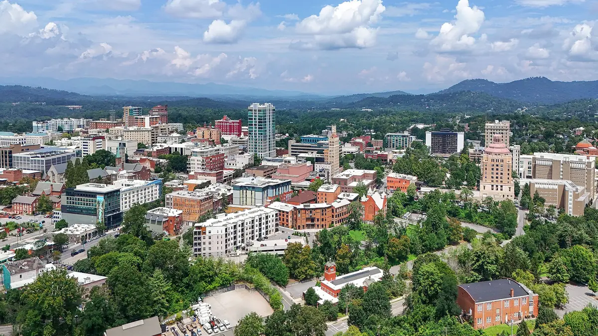 Aerial view of downtown Asheville, North Carolina, a city of 94,589 residents in the Blue Ridge Mountains of western North Carolina