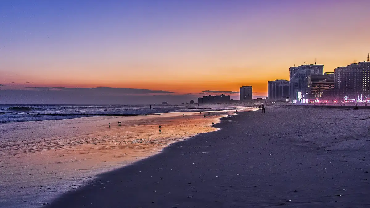 A sunset view of the beach in Atlantic City, NJ