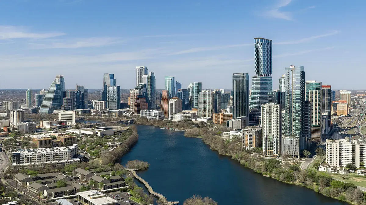 The skyline of Austin, the capital city of Texas. With a population of 961,855, it's the 13th-most populous city in the U.S