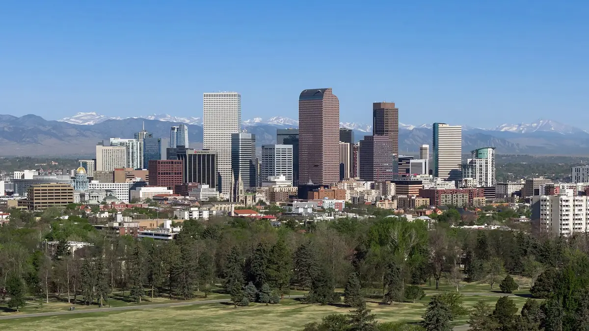 Skyline of Denver, Colorado, the 19th-most populous city in the United States (715,522)