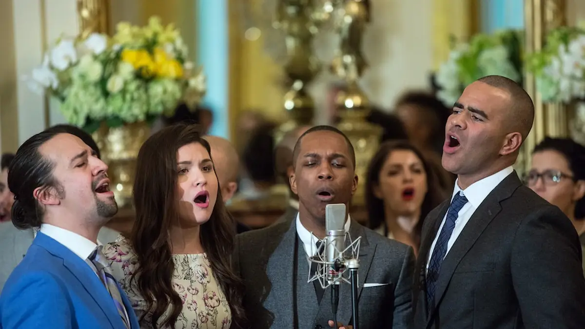 Cast members perform musical selections from the Broadway musical "Hamilton" in the East Room of the White House, March 14, 2016. (Official