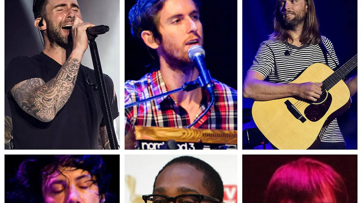 Collage of members of Maroon 5's 2020-present lineup. (L-R, Top-Bottom), Top: Adam Levine, Jesse Carmichael, James Valentine, Bottom: Matt F