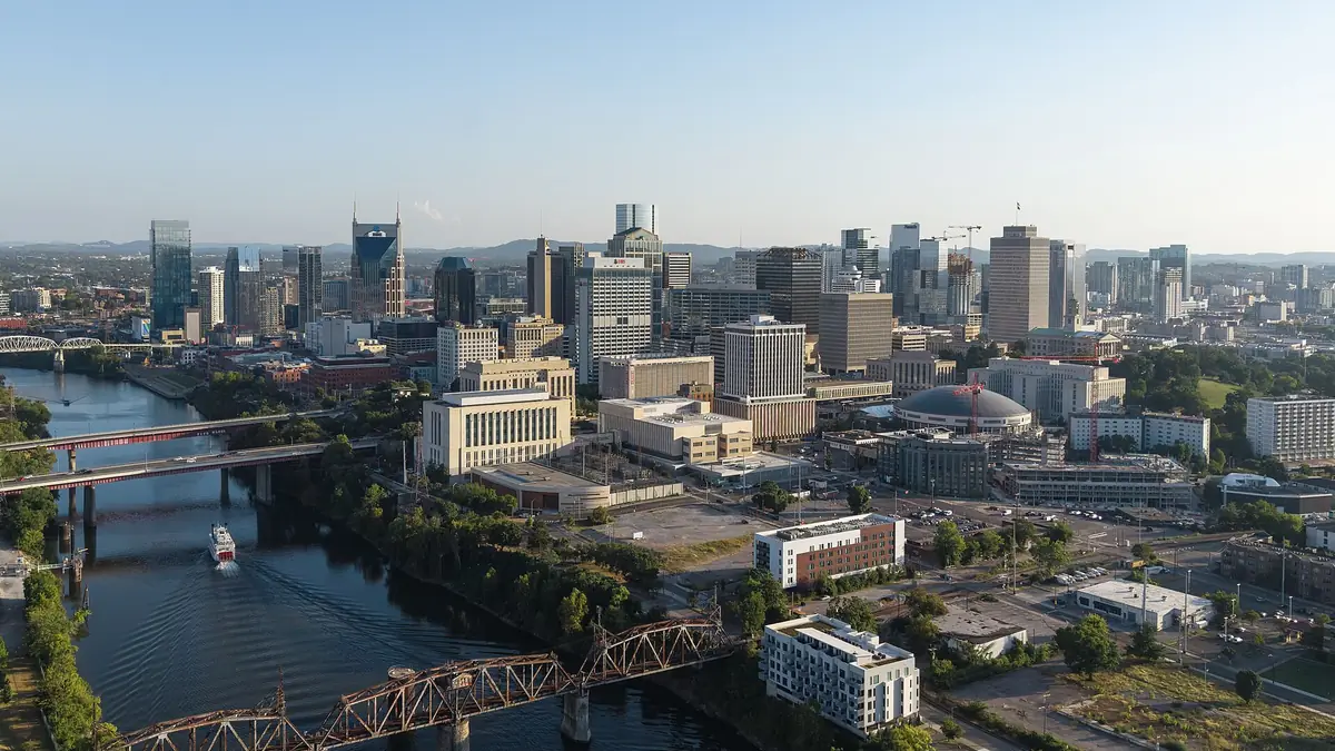 Aerial view of Nashville, Tennessee, the state capital and a city of 689,447 people on the Cumberland River, best known as the centre of the