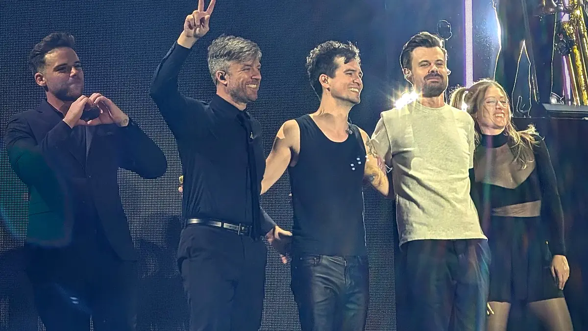 Panic! at the Disco at the 2025 edition of the When We Were Young festival. From left to right: Mike Naran, Dan Pawlovich, Brendon Urie, Spe