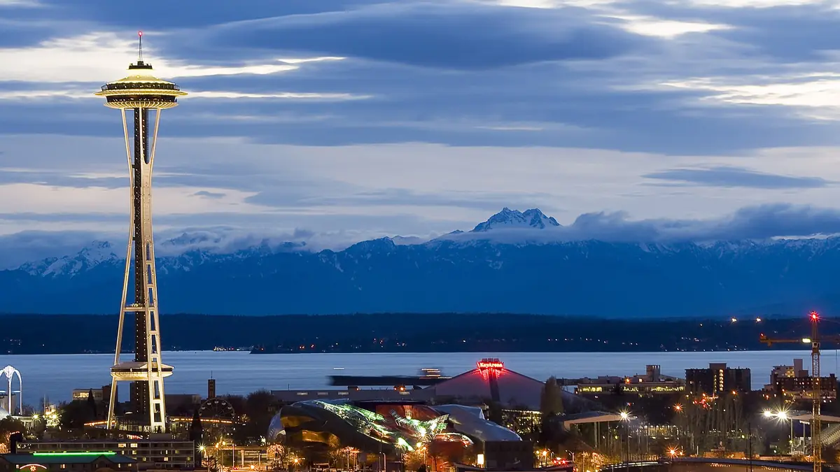 Seattle Center as night falls