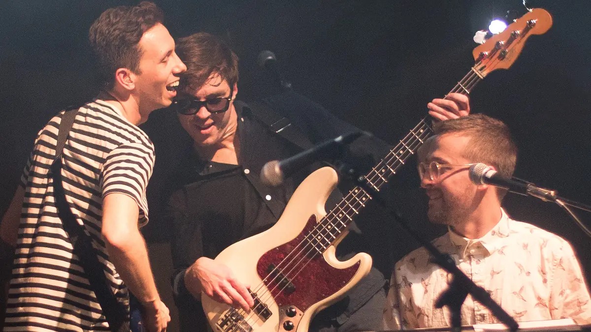 Cory Wong, on left, performing with Vulfpeck at the Crystal Ballroom in Portland, Oregon, on May 26, 2017.[1]